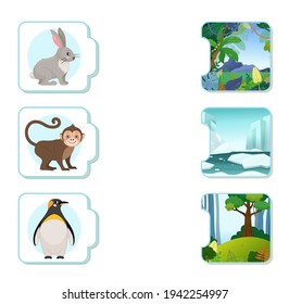 Matching children educational game. What do animals live?. Activity for pre sсhool years kids and toddlers. Animals and their homes.