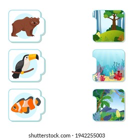 Matching children educational game. What do animals live?. Activity for pre sсhool years kids and toddlers. Animals and their homes.