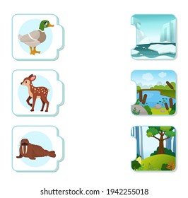 Matching children educational game. What do animals live?. Activity for pre sсhool years kids and toddlers. Animals and their homes.