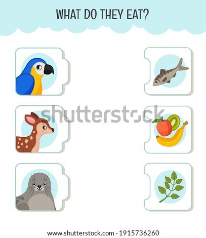 Matching children educational game. What do they eat?. Activity for pre sсhool years kids and toddlers. Animals and food.