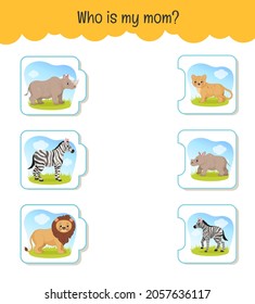 Juego educativo para niños. ¿Quién es mi madre? Actividad para niños y niños de edad preescolar с. Las madres animales y sus bebés.
