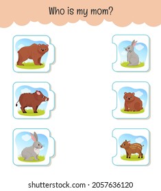 Matching Kinder pädagogisches Spiel. Wer ist meine Mutter? Aktivität für Kinder und Kleinkinder vor с. Mütter Tiere und ihre Babys.
