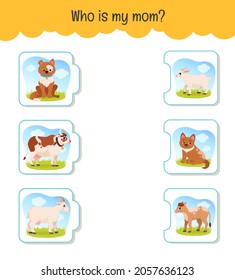 Matching Kinder pädagogisches Spiel. Wer ist meine Mutter? Aktivität für Kinder und Kleinkinder vor с. Mütter Tiere und ihre Babys.
