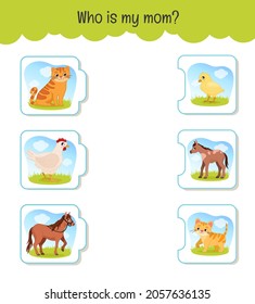 Matching children educational game. Who is my mom? Activity for pre sсhool years kids and toddlers. Mothers animals and their babies.
