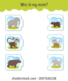 Matching Kinder pädagogisches Spiel. Wer ist meine Mutter? Aktivität für Kinder und Kleinkinder vor с. Mütter Tiere und ihre Babys.
