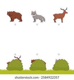 Matching children educational game. Who was hiding behind the bush? Activity for pre sсhool years kids and toddlers.