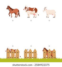 Matching children educational game. Who was hiding behind the fence? Activity for pre sсhool years kids and toddlers.