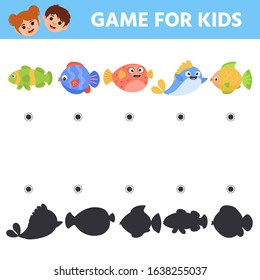 Matching Children Educational Logic Game. Find the correct shadow. Fishs. Activity for Preschool Kids and Toddlers. Worksheet activity