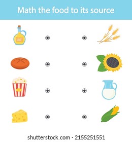 Matching Kinder erzieherisches Spiel. Mache das Essen an seine Quelle. Aktivität für Vorschuljahre Kinder und Kleinkinder. Vektorgrafik.