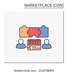 Icono de color coincidente. Proceso para que proveedores y consumidores se encuentren entre sí. Coincide con la búsqueda de clientes potenciales y con el concepto de productos.Marketplace. Ilustración vectorial aislada