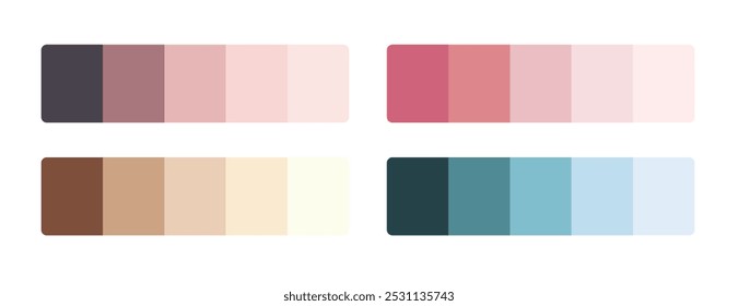 Matching color palette gradient swatch collection with RGB HEX codes. Suitable for branding, fashion, textiles. Vintage colors forecast future color trends. Including pink, purple, blue, brown.