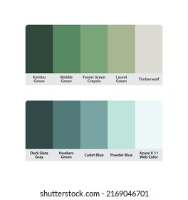 Matching color palette guide catalog collection. RGB HEX color codes with color names. Suitable for fashion Branding etc. 2 color palettes each contain 5 colors. Including teal green and blue.