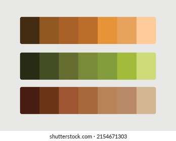 Matching color palette guide swatch catalog collection with RGB HEX color code combinations. Suitable for Branding. 3 sets of Brown orange green mix cool gradient color palettes each contain 7 colors.