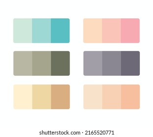 Matching color palette guide swatch catalog collection with RGB HEX color combinations. Suitable for Branding. 6 sets of teal pink green purple orange mix warm color palettes each contain 3 colors.