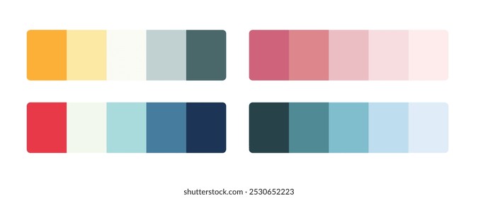 Correspondência da coleção de amostras da paleta de cores. Guia de cores RGB HEX. Adequado para branding, moda, têxteis. Previsão da paleta de cores quentes da tendência futura. Quatro paletas de cores