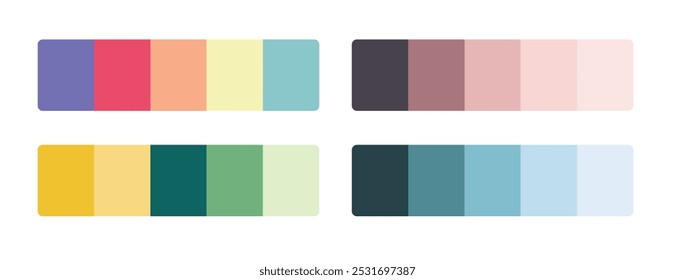 Matching color palette swatch collection with RGB HEX codes. Suitable for branding, fashion, textiles. Vintage colors forecast future color trends. Including blue, purple, yellow, pink