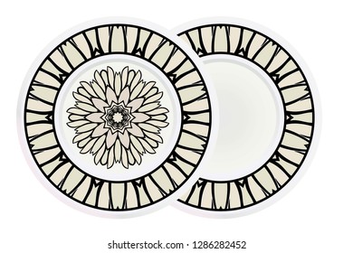 Matching decorative plates for interior designwith floral art deco pattern. Empty dish, porcelain plate mock up design. Vector illustration. White, grey color.