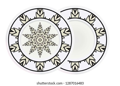 Matching decorative plates for interior designwith floral art deco pattern. Empty dish, porcelain plate mock up design. Vector illustration. White, grey color.