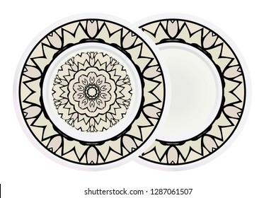 Matching decorative plates for interior designwith floral art deco pattern. Empty dish, porcelain plate mock up design. Vector illustration. White, grey color.