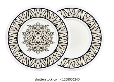 Matching decorative plates for interior designwith floral art deco pattern. Empty dish, porcelain plate mock up design. Vector illustration. White, grey color.