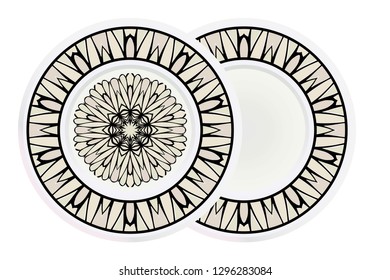 Matching decorative plates for interior designwith floral art deco pattern. Empty dish, porcelain plate mock up design. Vector illustration. White, grey color.