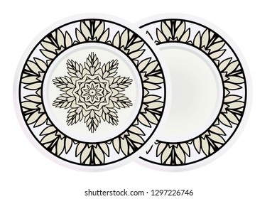 Matching decorative plates for interior designwith floral art deco pattern. Empty dish, porcelain plate mock up design. Vector illustration. White, grey color.