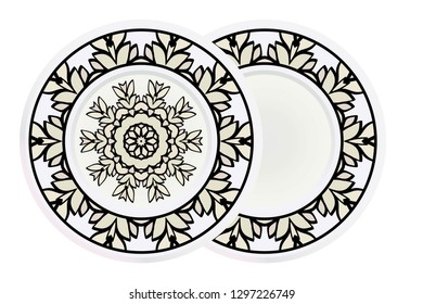 Matching decorative plates for interior designwith floral art deco pattern. Empty dish, porcelain plate mock up design. Vector illustration. White, grey color.