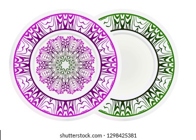 matching decorative plates. Decorative mandala ornament. Vector illustration. for interior design, circle medalion, colorful kitchen.