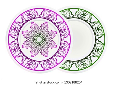 matching decorative plates. Decorative mandala ornament. Vector illustration. for interior design, circle medalion, colorful kitchen.