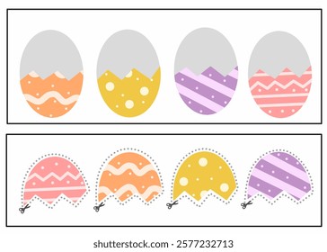 Matching Easter eggs worksheet, cut and glue easter egg activity for kids, easter egg matching game