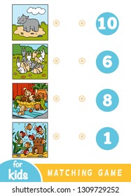 Juego de educación para niños. Cuenta los animales y elige el número correcto. Animales de dibujos animados con un fondo de color - rinocerontes, conejos, perros, peces