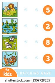 Juego de educación para niños. Cuenta los animales y elige el número correcto. Animales de caricatura con un fondo de colores - leones, ranas, vacas, monos