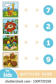 Matching education game for children. Count the animals and choose right number. Cartoon animals on a colored background - giraffes, bees, rooster, tortoises