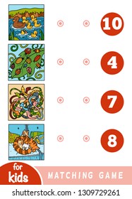 Matching education game for children. Count the animals and choose right number. Cartoon animals on a colored background - ducks, bugs, snakes, cats