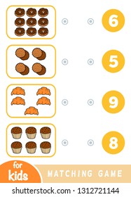 Matching education game for children. Count how many items and choose the correct number. A set of sweets - cookies, muffins, croissants, donuts