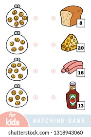 Matching education game for children. Count how many money is in each wallet and choose the correct price. A set of different foods on the market - bread, cheese, ketchup, sausages
