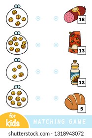 Matching education game for children. Count how many money is in each wallet and choose the correct price. A set of different foods on the market - salami, ketchup, bread, sunflower oil