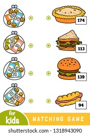 Matching education game for children. Count how many money is in each wallet and choose the correct price. A set of different dishes in the cafe - burger, pie, sandwich, hot dog