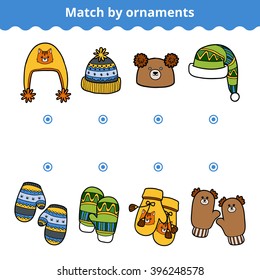 Matching education game for children. Match mittens and hats by ornaments