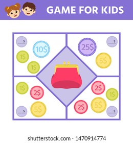 Matching education game for kids. Count the coins in wallets. Activity sheet. An evolving economic game for preschoolers. Vector illustration 