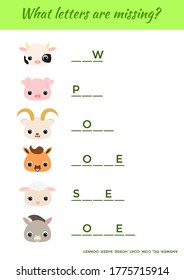 Matching educational game for children with cute animals. Write missing letters. Educational activity page for study English. Game learning words for kids. Isolated vector illustration.