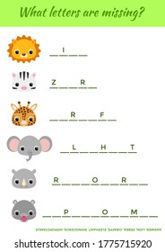 Matching educational game for children with cute animals. Write missing letters. Educational activity page for study English. Game learning words for kids. Isolated vector illustration.