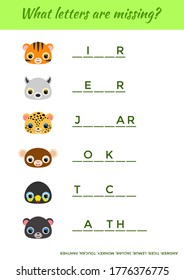 Matching educational game for children with cute animals. Write missing letters. Educational activity page for study English. Game learning words for kids. Isolated vector illustration.