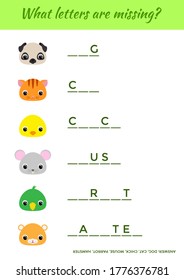 Juego educativo para niños con animales lindos. Escribe las letras que faltan. Página de actividad educativa para estudiar inglés. Juego aprendiendo palabras para los niños. Ilustración vectorial aislada.
