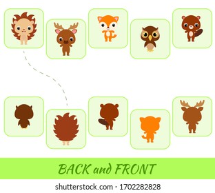 Matching educational game for children. Find the back and front cartoon animals. Educational activity for preschool years kids and toddlers with cute animals. Flat vector stock illustration.