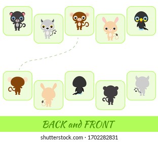 Matching educational game for children. Find the back and front cartoon animals. Educational activity for preschool years kids and toddlers with cute animals. Flat vector stock illustration.