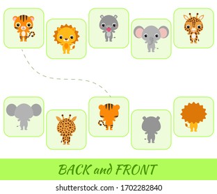 Matching educational game for children. Find the back and front cartoon animals. Educational activity for preschool years kids and toddlers with cute animals. Flat vector stock illustration.