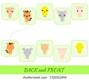 Matching educational game for children. Find the back and front cartoon animals. Educational activity for preschool years kids and toddlers with cute animals. Flat vector stock illustration.