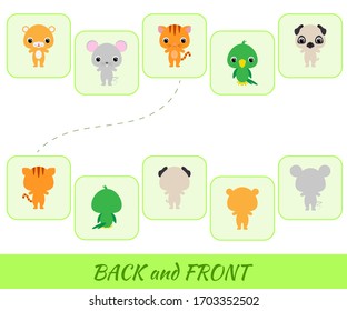 Juego educativo para niños. Encuentra los animales de las caricaturas de la parte trasera y delantera. Actividad educativa para niños de edad preescolar y niños pequeños con animales lindos. Ilustración plana vectorial.