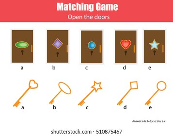 Matching educational game for children. Match the doors and keys kids activity. Learning geometric shapes theme, worksheet